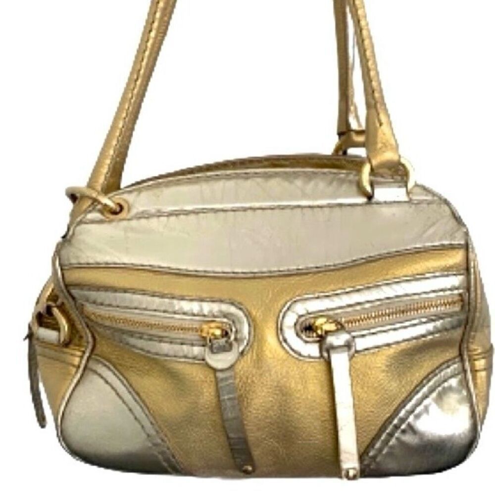 Hogan Metallic Shoulder Bag Tote Gold Silver Leather Satchel Handbag Purse Glam